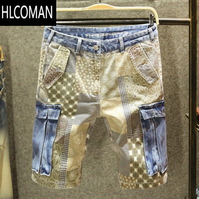 HLCOMAN潮牌ins印花工装牛仔短裤男时尚百搭休闲五分裤潮流拼接宽松中裤