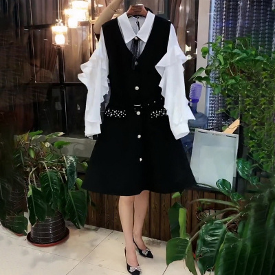广赫胖妹妹秋季马甲连衣裙套装韩版大码女装灯笼袖打底衬衫女裙两件套套装