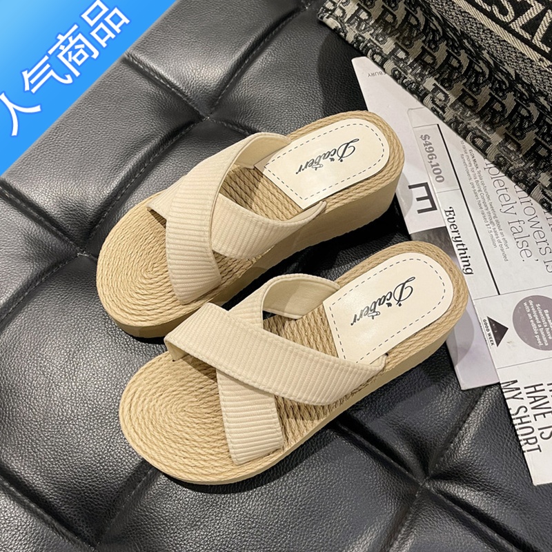 SUNTEK厚底坡跟拖鞋女夏外穿2023新款仙女交叉高跟凉鞋沙滩松糕小众凉拖