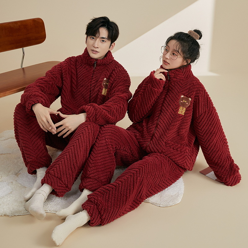 情侣睡衣秋冬季珊瑚绒本命年喜庆结婚大红色一男士一女家居服套装_273