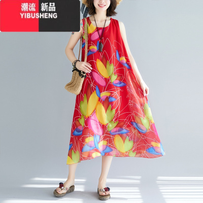 YIBUSHENG波西米亚时尚微胖mm显瘦海边度假裙红色三亚沙滩裙季无袖连衣裙