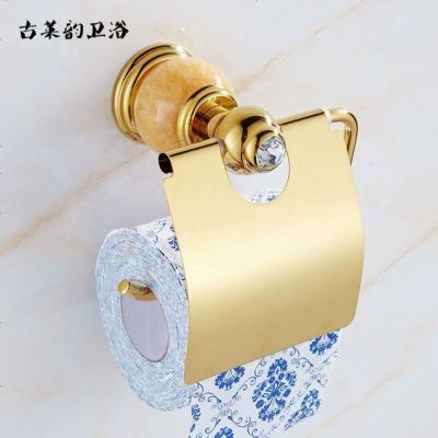 欧式铜天然玉石厕所纸巾架浴室五金挂件厕纸架金色仿古卷纸架子