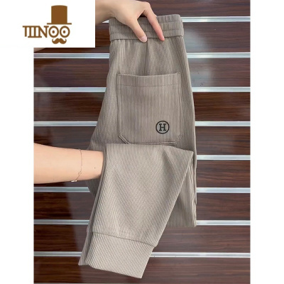 YANXU2023秋季新款泡泡条时尚休闲裤男潮流百搭条绒小脚卫裤弹力哈伦裤