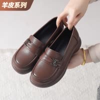 圆头一脚蹬乐福鞋女25春款羊皮金属扣粗跟厚底闰月单鞋复古小皮鞋