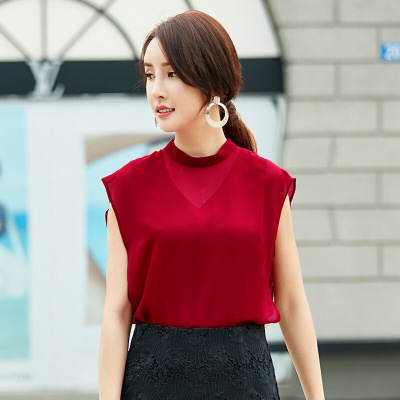 名媛女装夏装新款宽松性感透视半高领雪纺衫无袖上衣女