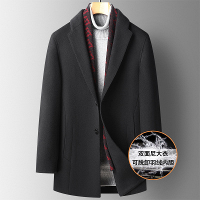 秋冬新款围脖款可脱卸羽绒内胆双面呢羊毛呢大衣男士中长毛呢外套