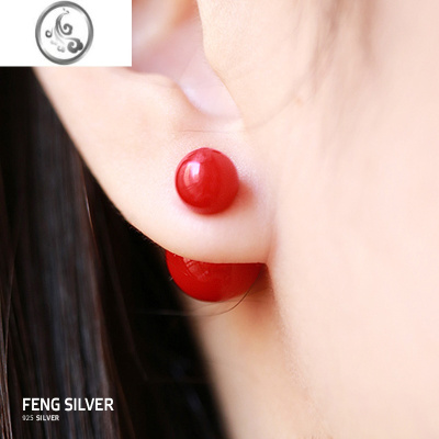 JiMis925银银红色珍珠双面耳钉耳环韩国气质简约前后大小耳饰女