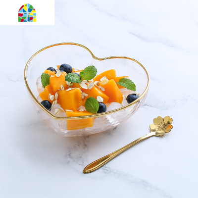 日式玻璃碗金边甜品碗燕窝盅创意玻璃水果沙拉碗糖水汤单个碗 FENGHOU 金心形碗大号+金有孔碟送圆勺
