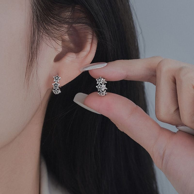 s925银针复古星星冷淡风耳扣女时尚个性小众设计耳圈耳环精致耳饰送女朋友老婆情人节七夕生日礼物
