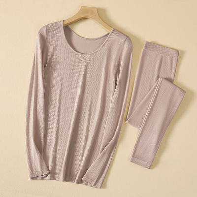 秋冬新款德绒保暖内衣女轻薄款圆领修身螺纹发热秋衣秋裤女士套装_858