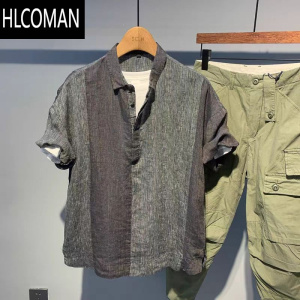 HLCOMAN亚麻薄款短袖衬衫男夏季新款复古拼接撞色宽松休闲百搭半袖上衣潮