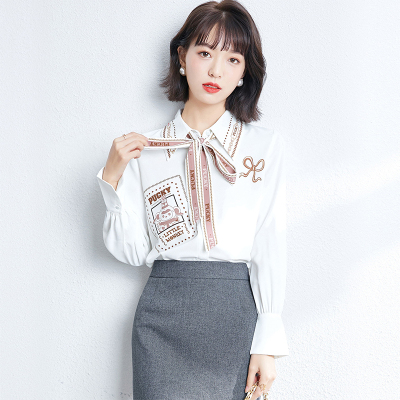 佐露絲明星同款印花白色衬衫女2021春季新款女装印花复古飘带雪纺衫显瘦上衣