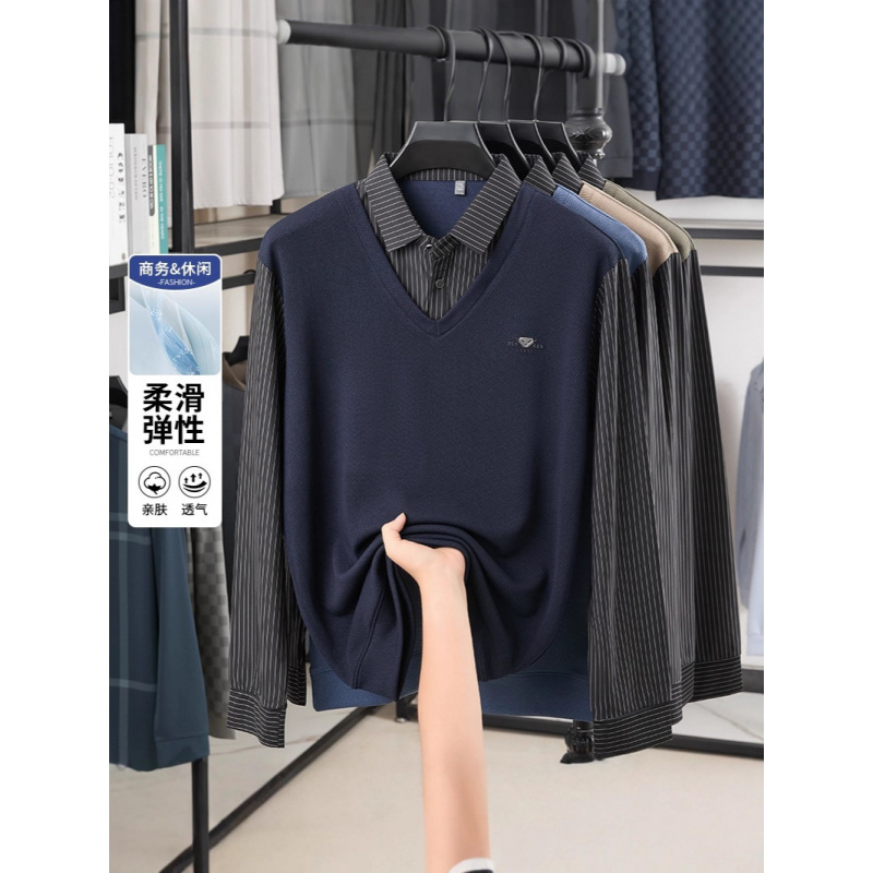 假两件T恤春秋季中老年男士韩版时尚衬衫领休闲打底衫商务polo衫