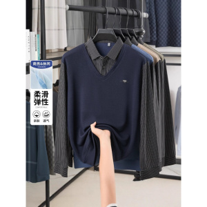假两件T恤春秋季中老年男士韩版时尚衬衫领休闲打底衫商务polo衫