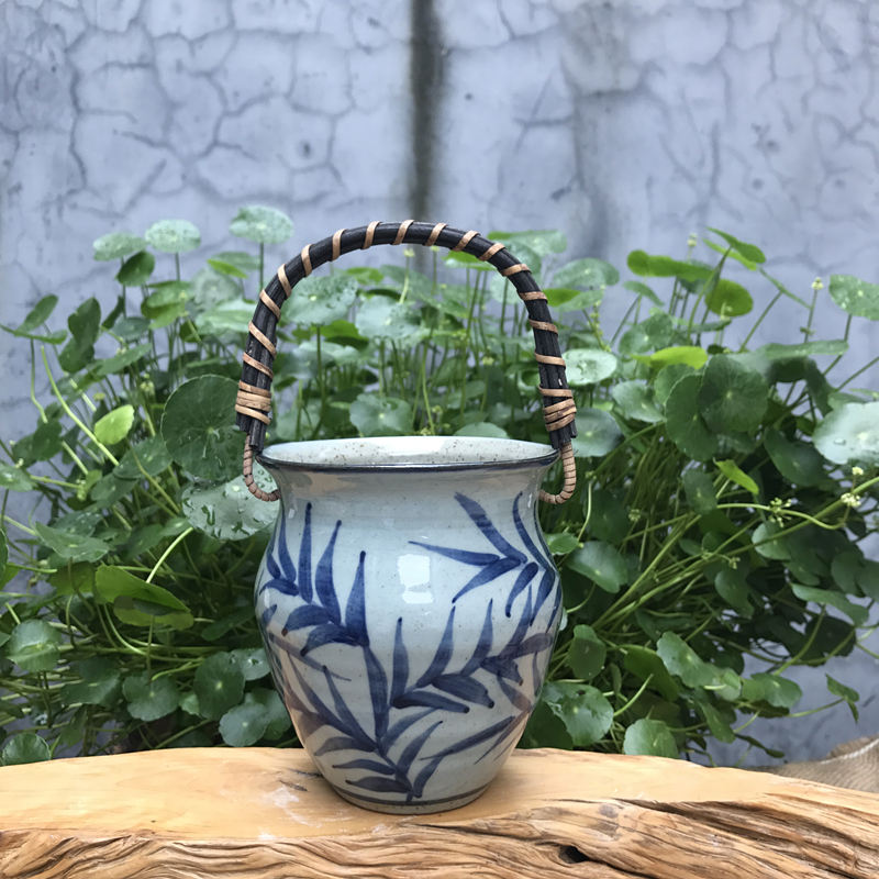 仿古青花 水培 手工拉坯 手绘图案花瓶陶瓷摆件花器 三维工匠 树叶图