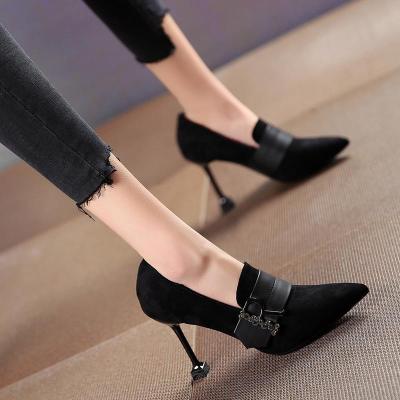 Ideamini绒面高跟罐罐鞋女2021年新款春秋尖头细跟单鞋百搭宴会网红深口鞋
