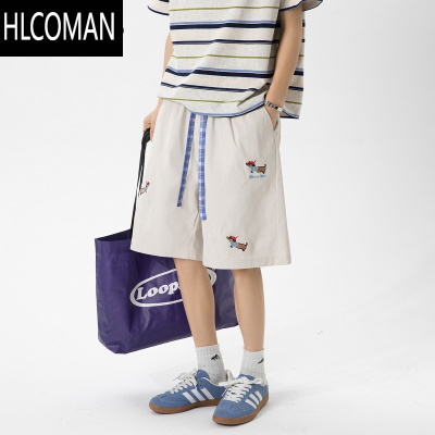 HLCOMAN美式腊肠狗刺绣五分裤男夏季新款潮ins设计感短裤宽松休闲阔腿裤