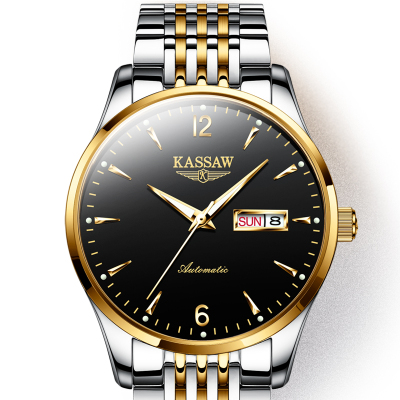 卡梭KASSAW全自动机械表男士手表进口机芯男表日历星期双历夜光防水薄款男士手表时尚商务机械表男间金黑面