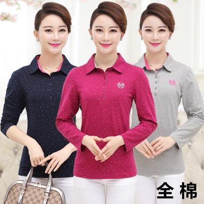 春秋新款中老年T恤女长袖打底衫修身妈妈装中年翻领上衣