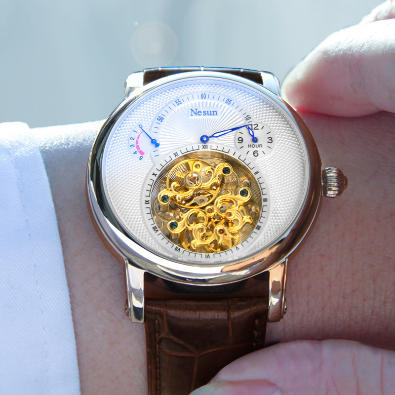 正品尼尚(nesun)手表男士全自动机械表 男个性时尚大表盘镂空飞轮真皮