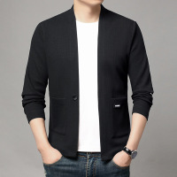 秋季新款男士无领针织开衫中年时尚百搭纯色休闲毛衣