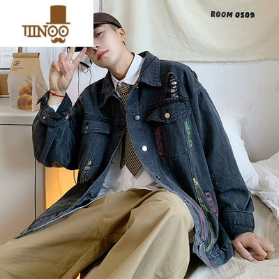 YANXU港风宽松破洞牛仔外套男秋季高街潮流印花工装夹克休闲百搭上衣服