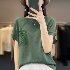 钩花针织短袖T恤女夏季新款竹节麻短袖宽松上衣欧货女装