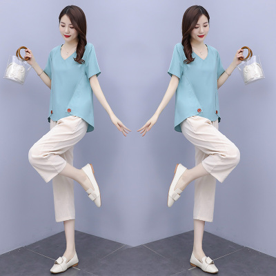 仙依琦2021夏季新款韩版裤子套装女复古文艺气质短袖T恤休闲裤两件套1130
