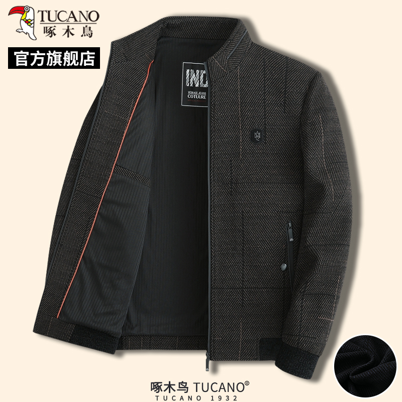 啄木鸟春季新款男士毛呢外套中年商务爸爸装休闲夹克衫立领上衣C