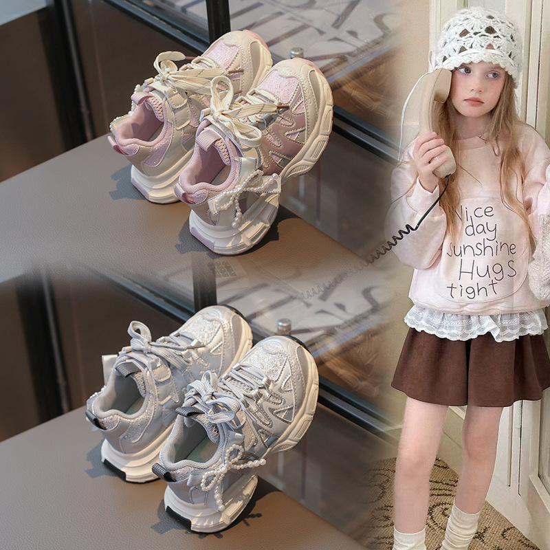 儿童老爹鞋20266春季新款女童韩版网面透气运动鞋珍珠蝴蝶花潮鞋