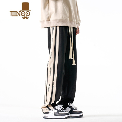 YANXU休闲裤男夏季潮牌美式高街阔腿裤子男绒拼接宽松直筒运动长裤