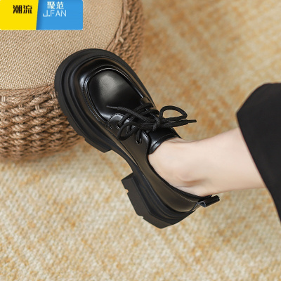 聚范厚底小皮鞋女2024新款英伦风配裙子黑色粗跟乐福鞋