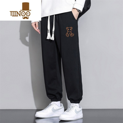 YANXU小熊印花春季休闲裤男潮牌ins款百搭束脚运动卫裤男生长裤子