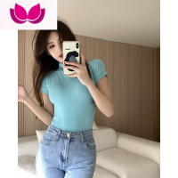 七斓纯欲半高领短袖T恤女装夏季正肩性感辣妹紧身修身短款打底衫上衣