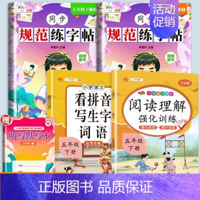 [4册+听默写本]练字帖+阅读理解+看拼音 五年级下 [正版]五年级下册字帖规范练字帖每日一练同步人教版语文生字练字本描