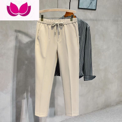 七斓垂坠感休闲小西裤男士潮牌简约纯色松紧腰直筒九分系绳西裤夏