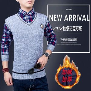 新款假两件毛衣衬衫领男士秋衣加绒保暖青少年针织衫套头长袖潮流