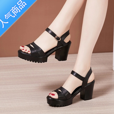 SUNTEK真软皮凉鞋女2023夏季高跟百搭女鞋防水台魔术贴女新款