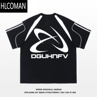 HLCOMAN美式简约字母印花拼接条纹短袖男夏季潮牌百搭宽松设计感上衣