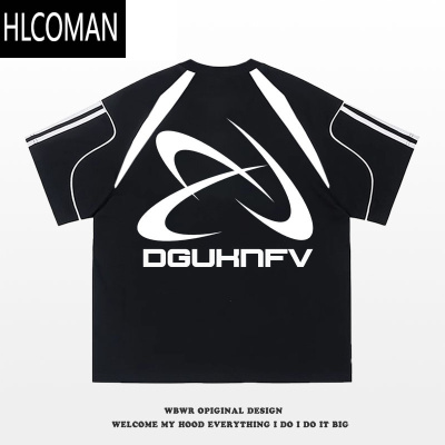 HLCOMAN美式简约字母印花拼接条纹短袖男夏季潮牌百搭宽松设计感上衣