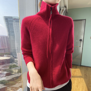 24秋冬新款韩版慵懒高领落肩针织开衫双开拉链宽松显瘦时髦上衣女