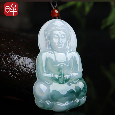 印象眸翡翠观音吊坠冰糯种翡翠飘花观音男款孤品玉石挂件附送证书翡翠观音吊坠