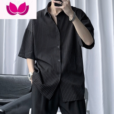 七斓夏季薄款条纹短袖衬衫男ins痞帅潮牌港风日系宽松潮流半袖上衣服