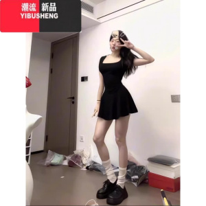 YIBUSHENG小个子气质掐腰U领短袖连衣裙女季新款修身显瘦辣妹收腰a字短裙