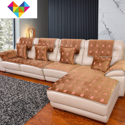 欧式沙发垫刺绣布艺防滑真皮沙发坐垫四季通用冬季简约现代沙发套心花怒放浓情巧克力-60*150cm双座-御蓝锦