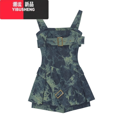 YIBUSHENGMs XIDU 辣妹抹胸两穿牛仔吊带连衣裙女显瘦扎染美式减龄短裙裤