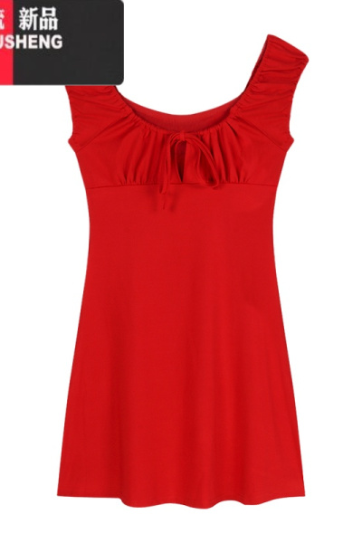 YIBUSHENG红色度假系带短袖连衣裙女季新款修身辣妹a字裙收腰绝美短裙子