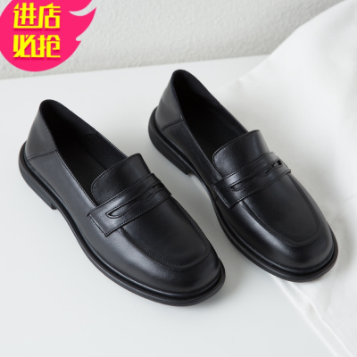 金三志英伦风小皮鞋女2021新款百搭皮平底春秋jk单鞋一脚蹬懒人乐福鞋休闲鞋