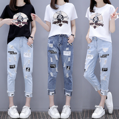 鸟之声大码女装2021夏季时尚运动套装女时髦胖mm遮肚子T恤牛仔裤两件套装