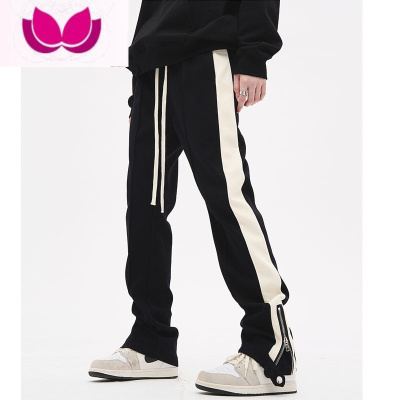 七斓欧美高街嘻哈侧边脚口拉链条纹拼接卫裤运动直筒宽松潮休闲长裤